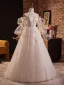 Elegant Blushing Pink Lace Flower Prom Dresses 2024 Ball Gown Off-The-Shoulder Short Sleeve Backless Floor-Length / Long Prom Formal Dresses