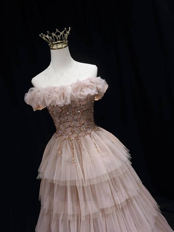 Charming Champagne Beading Sequins Evening Dresses 2022 A-Line / Princess Ruffle Off-The-Shoulder Sleeveless Backless Floor-Length / Long Formal Dresses