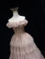 Charming Champagne Beading Sequins Evening Dresses 2022 A-Line / Princess Ruffle Off-The-Shoulder Sleeveless Backless Floor-Length / Long Formal Dresses