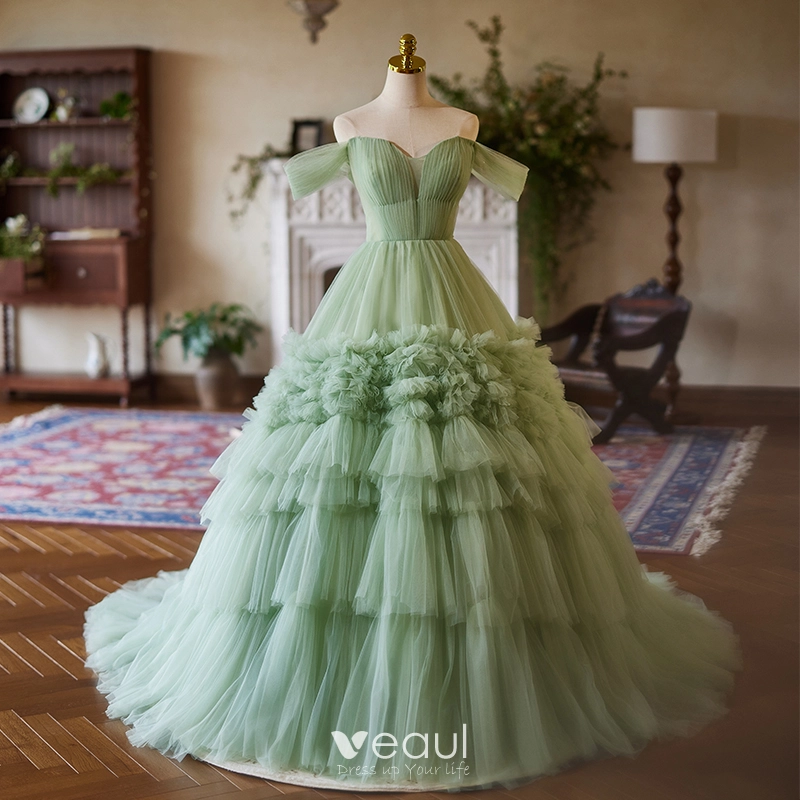 green prom dress with ruffles Jovani 46379 - Long Chiffon A-line Dress - 3D Rosette Accent, Cascading Ruffles, High Slit, Strapless, Sweep Train, Ruched Bodice 8 / Blush main image 0
