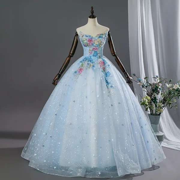 Schillernd Himmelblau Spitze Blumen Applikationen Pailletten Ballkleider 2026 Ballkleid Bandeau Ärmellos Rückenfreies