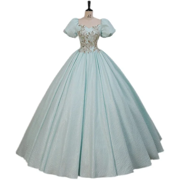 Elegant Mint Green Beading Sequins Prom Dresses 2023 Ball Gown Square Neckline Short Sleeve Backless Floor-Length / Long Prom Formal Dresses