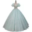 Elegant Mint Green Beading Sequins Prom Dresses 2023 Ball Gown Square Neckline Short Sleeve Backless Floor-Length / Long Prom Formal Dresses