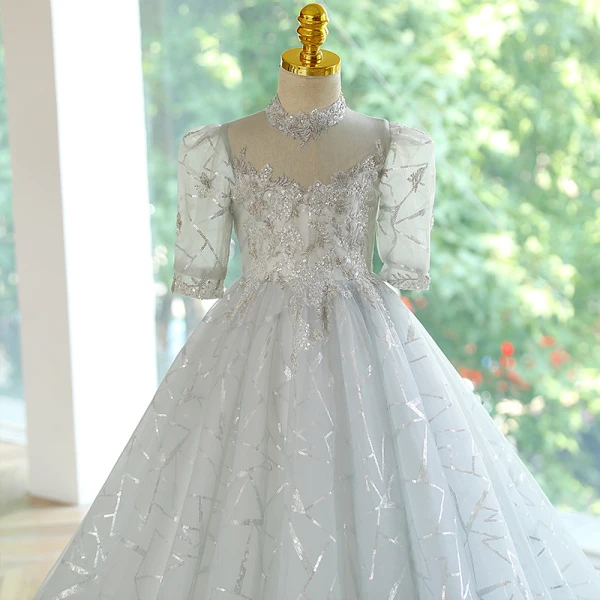 Fashion Grey Sequins Lace Flower Birthday Flower Girl Dresses 2023 Ball Gown High Neck Short Sleeve Floor-Length / Long Flower Girl Dresses