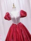 Elegant Burgundy Rhinestone Sequins Prom Dresses 2024 Ball Gown Scoop Neck Puffy Short Sleeve Backless Floor-Length / Long Prom Formal Dresses