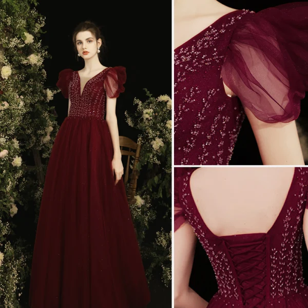 Chic / Beautiful Burgundy Beading Sequins Prom Dresses 2022 A-Line / Princess V-Neck Puffy Short Sleeve Backless Floor-Length / Long Formal Dresses