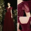 Chic / Beautiful Burgundy Beading Sequins Prom Dresses 2022 A-Line / Princess V-Neck Puffy Short Sleeve Backless Floor-Length / Long Formal Dresses