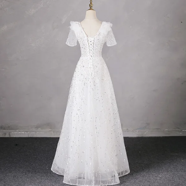 Chic / Beautiful White Beading Sequins Prom Dresses 2024 A-Line / Princess Scoop Neck Short Sleeve Backless Floor-Length / Long Prom Formal Dresses