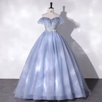 Élégant Bleu Ciel Perle Faux Diamant En Dentelle Fleur Robe De Bal 2022 Robe Boule De L Épaule Sans Manches Dos Nu Longue Promo Robe De Ceremonie