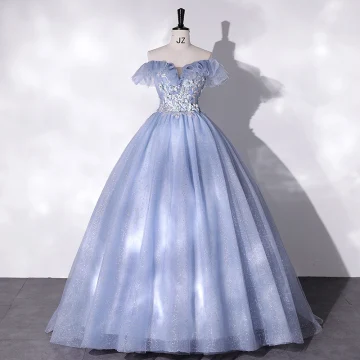 Élégant Bleu Ciel Perle Faux Diamant En Dentelle Fleur Robe De Bal 2022 Robe Boule De L Épaule Sans Manches Dos Nu Longue Promo Robe De Ceremonie