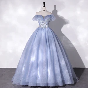 Elegant Sky Blue Pearl Rhinestone Lace Flower Prom Dresses 2022 Ball Gown Off The Shoulder Sleeveless Backless Floor Length Long Prom Formal Dresses