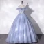 Elegant Champagne Prom Dresses 2022 Ball Gown Off-The-Shoulder Pearl Lace Flower Short Sleeve Floor-Length / Long Formal Dresses