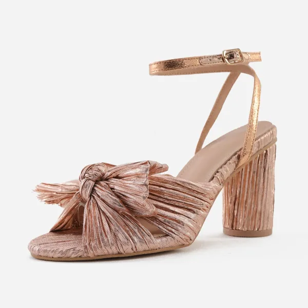 Sexy Gold Street Wear Bow Womens Sandals 2022 Ankle Strap 10 cm Thick Heels Open / Peep Toe Sandals High Heels