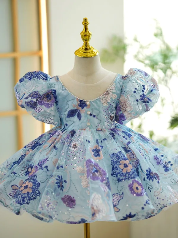 Chic / Beautiful Sky Blue Beading Pearl Sequins Short Birthday Flower Girl Dresses 2023 Ball Gown Scoop Neck Puffy Short Sleeve