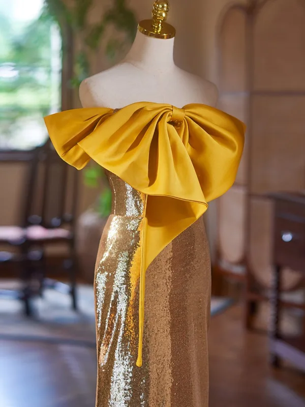 Sexy Doré Paillettes Robe De Soirée 2024 Trompette / Sirène Bustier Noeud Sans Manches Dos Nu Train De Balayage Soirée Robe De Ceremonie