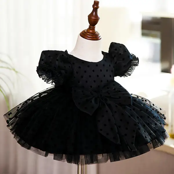 Chic / Beautiful Black Spotted Short Birthday Flower Girl Dresses 2022 Ball Gown Scoop Neck Puffy Short Sleeve Bow Flower Girl Dresses