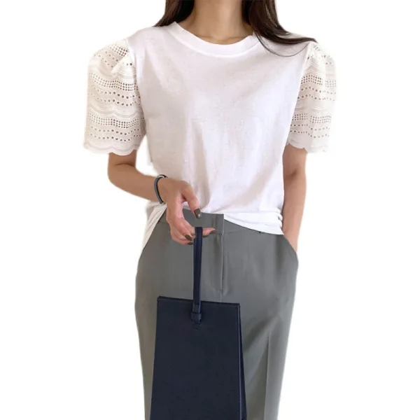 White Pierced Solid Color Cotton Scoop Neck Street Wear Summer Short Sleeve Fashion 2021 Women's Tops