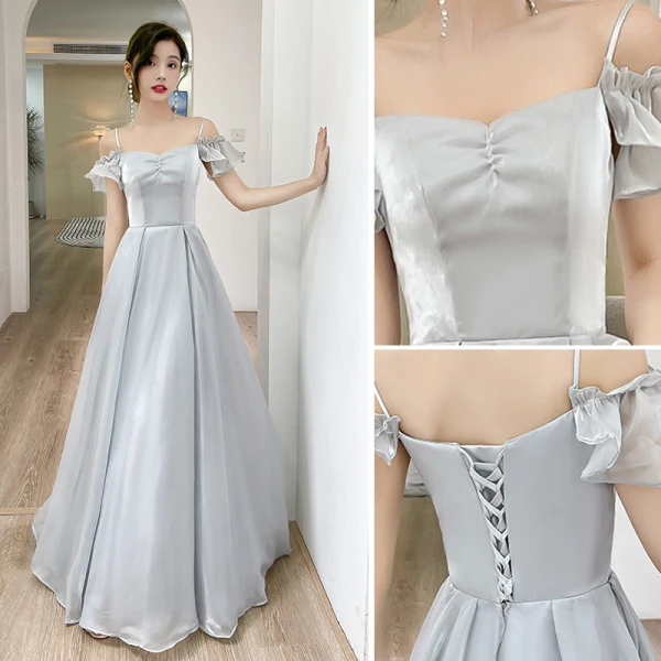 Simple Gris Robe Demoiselle D'honneur 2022 Princesse Manches Courtes Dos Nu Longue Demoiselle D'honneur Robe De Ceremonie