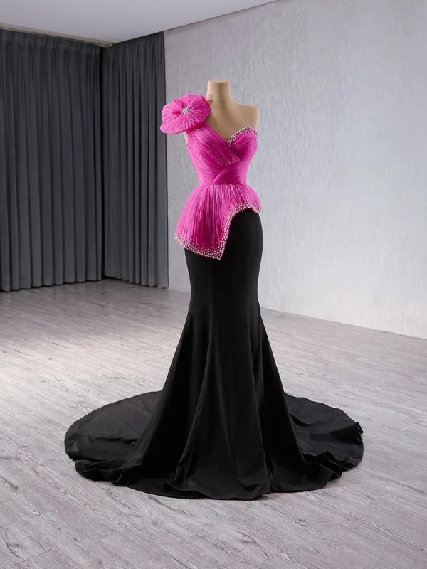 High-end Fuchsia Rhinestone Prom Dresses 2024 Trumpet / Mermaid One-Shoulder Appliques Sleeveless Backless Floor-Length / Long Prom Formal Dresses