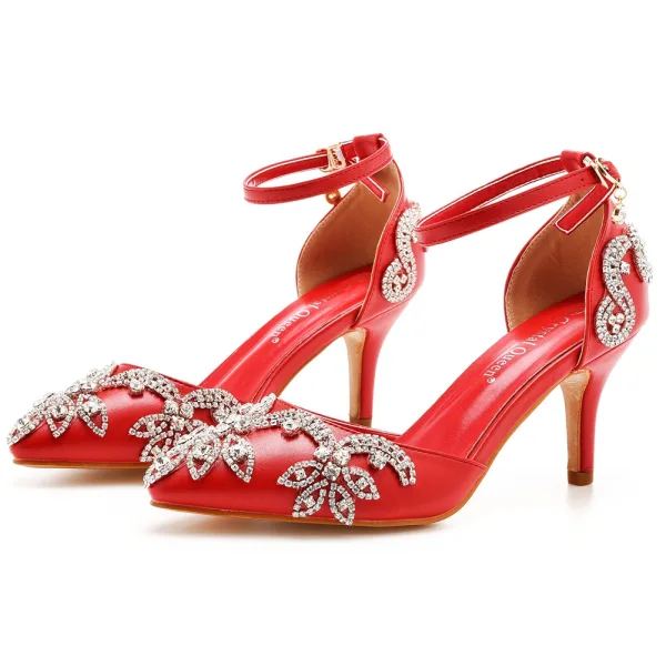 Sexy Silber Strass Brautschuhe 2023 7 cm Stilettos Knöchelriemen Spitzschuh Hochzeit Sandaletten Hochhackige