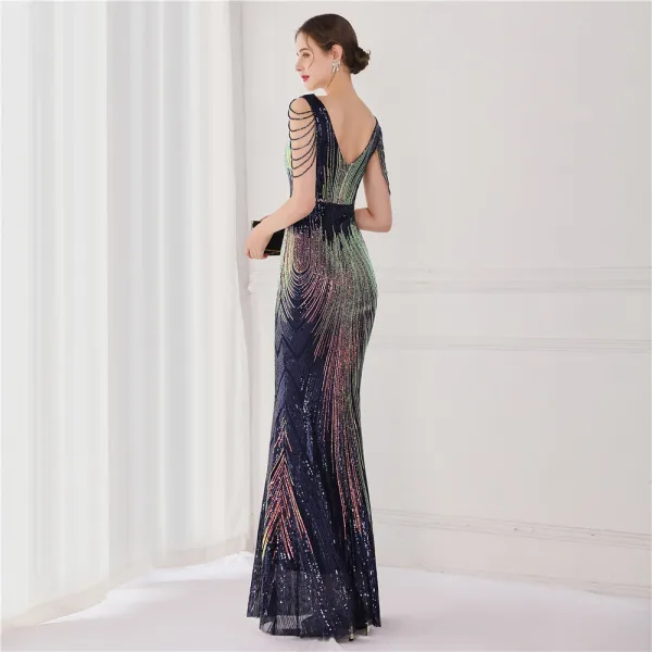 Scintillantes Blanche Paillettes Robe De Soirée 2022 Trompette / Sirène V-Cou Perlage Gland Sans Manches Dos Nu Longue Soirée Robe De Ceremonie