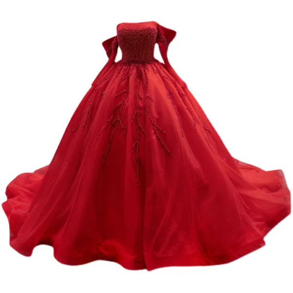 High-end Red Beading Pearl Prom Dresses 2022 Ball Gown Off-The-Shoulder 1/2 Sleeves Backless Chapel Train
