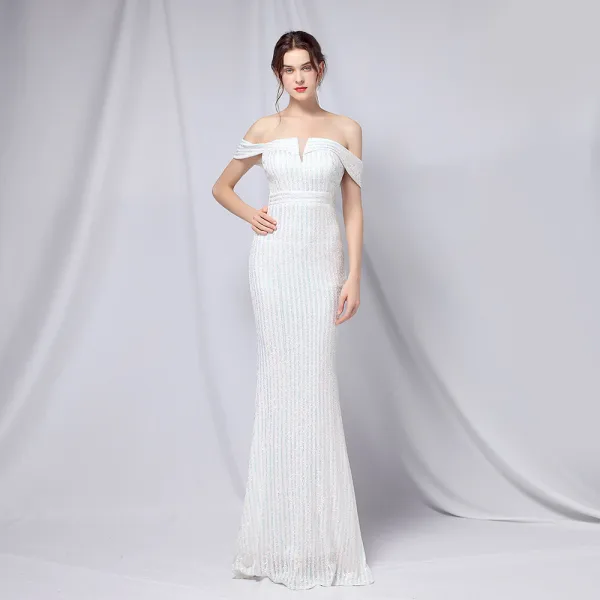 Charming Black Gold Sequins Evening Dresses 2022 Trumpet / Mermaid Off-The-Shoulder Short Sleeve Backless Floor-Length / Long Evening Party Formal Dresses