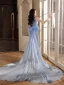 Scintillantes Bleu Ciel Paillettes Appliques Fendue devant Robe De Soirée 2024 Trompette / Sirène Col Haut Sans Manches Perlage Gland Noeud Tribunal Train Soirée Robe De Ceremonie