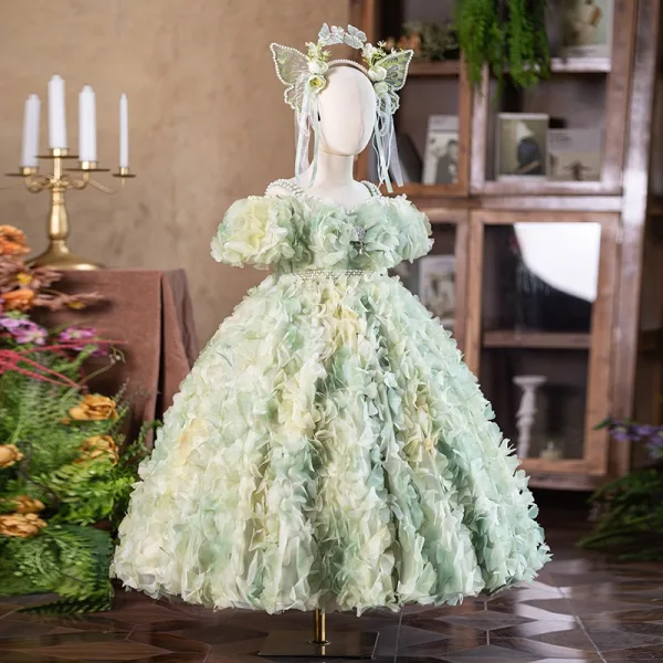 Flower Fairy Sage Green Appliques Birthday Flower Girl Dresses 2025 Ball Gown Spaghetti Straps Pearl Short Sleeve Backless Floor-Length / Long