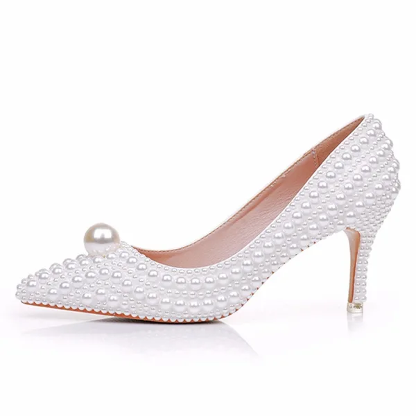 Classic White Pearl 7 cm Stiletto Heels Wedding Shoes 2025 Pointed Toe Wedding Pumps High Heels