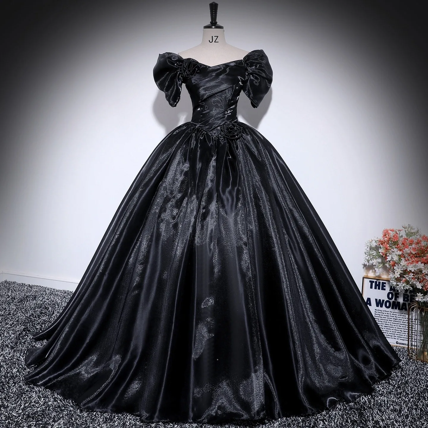 Chic Beautiful Black Ball Gown Prom Dresses 2025 Off-The-Shoulder Puffy Short Sleeve