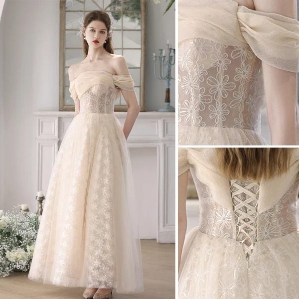 Chic / Beautiful Beige Homecoming Graduation Dresses Prom Dresses 2023 A-Line / Princess Off-The-Shoulder Sequins Sleeveless Backless Floor-Length / Long Prom Formal Dresses