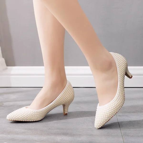 Élégant Blanche Perle Chaussure De Mariée 2023 5 cm Talons Aiguilles À Bout Pointu Mariage Escarpins Talons Hauts