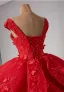 Vintage / Retro High-end Red Lace Flower Appliques Prom Dresses 2024 Ball Gown V-Neck Sleeveless Backless Court Train Prom Formal Dresses