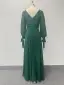 Elegant Dark Green Sequins Prom Dresses 2024 A-Line / Princess V-Neck Long Sleeve Backless Floor-Length / Long Prom Formal Dresses