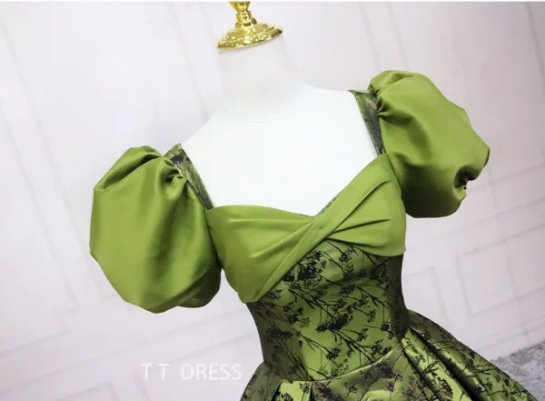 Elegant Sage Green Printing Prom Dresses 2025 Ball Gown Square Neckline Puffy Short Sleeve Backless Floor-Length / Long Prom Formal Dresses