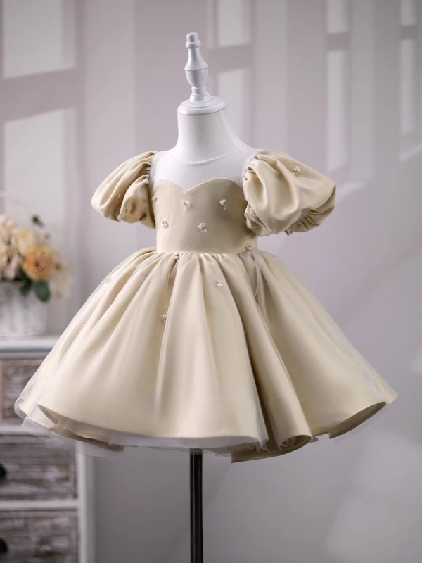 Chic / Beautiful Champagne Pearl Short Birthday Flower Girl Dresses 2023 Ball Gown Scoop Neck Puffy Short Sleeve Tulle