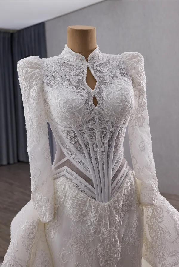 Luxury / Gorgeous White Handmade  Beading Sequins Lace Flower Wedding Dresses 2025 Trumpet / Mermaid High Neck Long Sleeve Backless Royal Train Wedding
