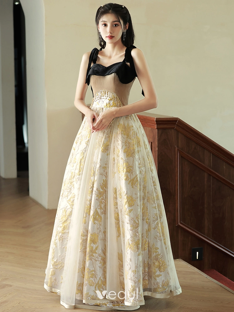 Chic / Beautiful Gold Pearl Tassel Evening Dresses 2023 A-Line / Princess  Spaghetti Straps Sleeveless Backless Floor-Length / Long Evening Party Formal  Dresses