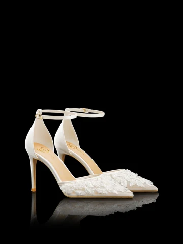 Mode Blanche Perlage Tulle Chaussure De Mariée 2024 Bride Cheville 8 Cm Talons Aiguilles À Bout Pointu Mariage Sandales Talons Hauts