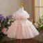 Chic / Beautiful Blushing Pink Cascading Ruffles Birthday Short Ball Gown Flower Girl Dresses 2024 Scoop Neck Tulle