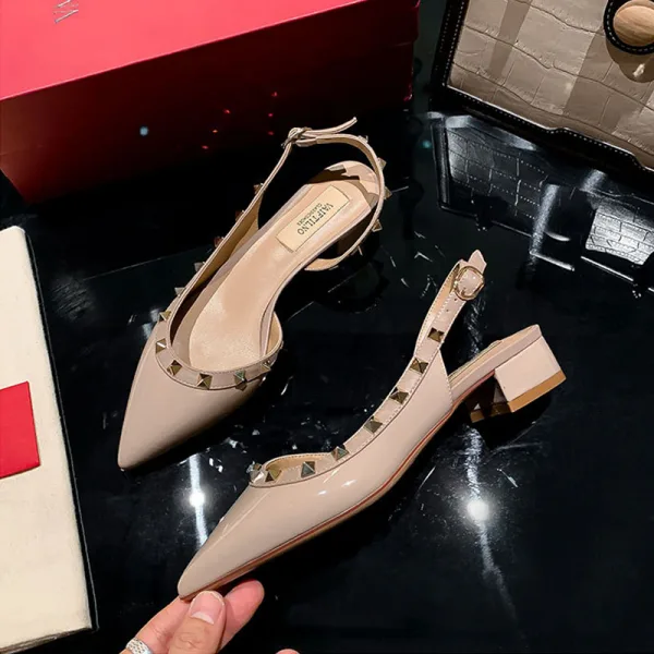 Charming Pool Blue Rivet Evening Party Womens Sandals 2022 Leather 3 cm Low Heel Thick Heels Pointed Toe Womens Shoes