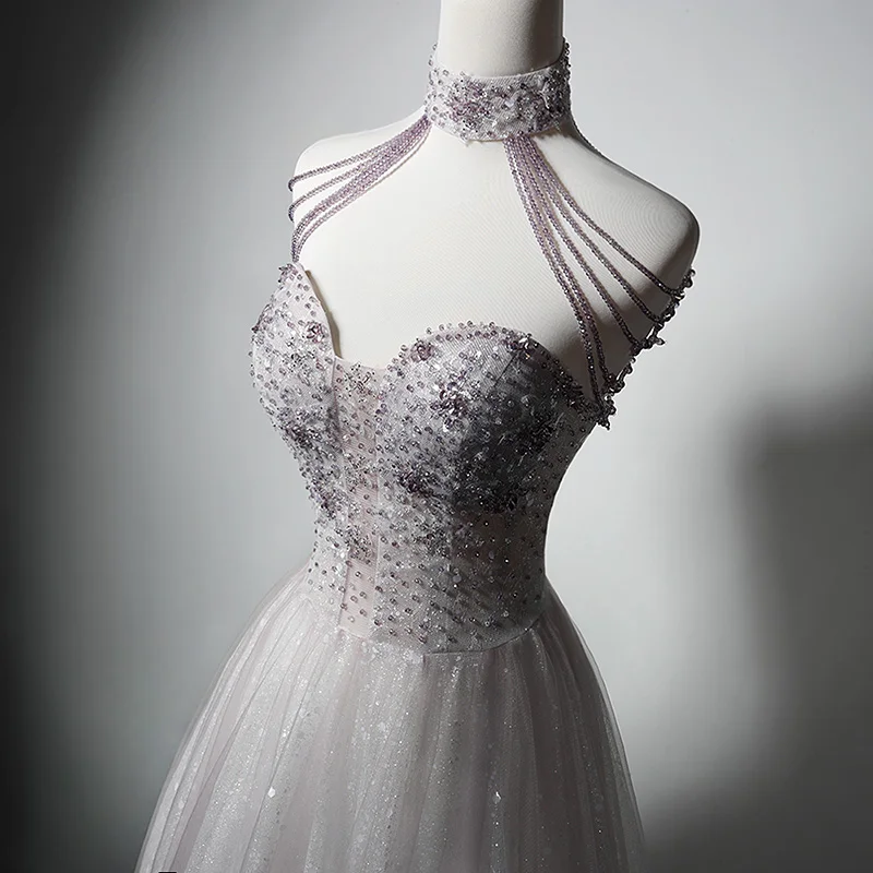 High-end Sexy Grey Lavender Beading Sequins Tassel Prom Dresses 2023 A-Line Princess