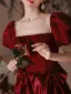 Vintage / Retro Burgundy Rhinestone Satin Evening Dresses 2022 A-Line / Princess Square Neckline Puffy Short Sleeve Bow Backless Floor-Length / Long Evening Party Formal Dresses