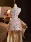 Luxus / Herrlich Charmant Champagner Applikationen Perlenstickerei Pailletten Asymmetrisch Cocktailkleider 2025 A Linie Bandeau Ärmellos Rückenfreies Cocktail Festliche Kleider