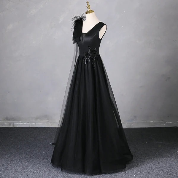 Elegant Black Tassel Appliques Prom Dresses 2024 Backless A-Line / Princess V-Neck Sleeveless Floor-Length / Long Prom Formal Dresses