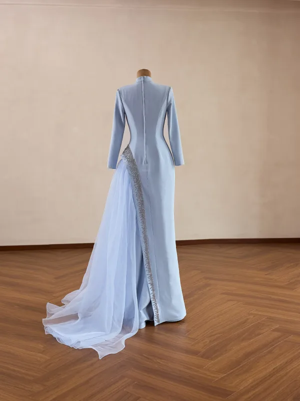 Musulmane Bleu Ciel Faux Diamant Robe De Bal 2026 Trompette / Sirène Col Haut Manches Longues Train De Balayage Robe De Ceremonie