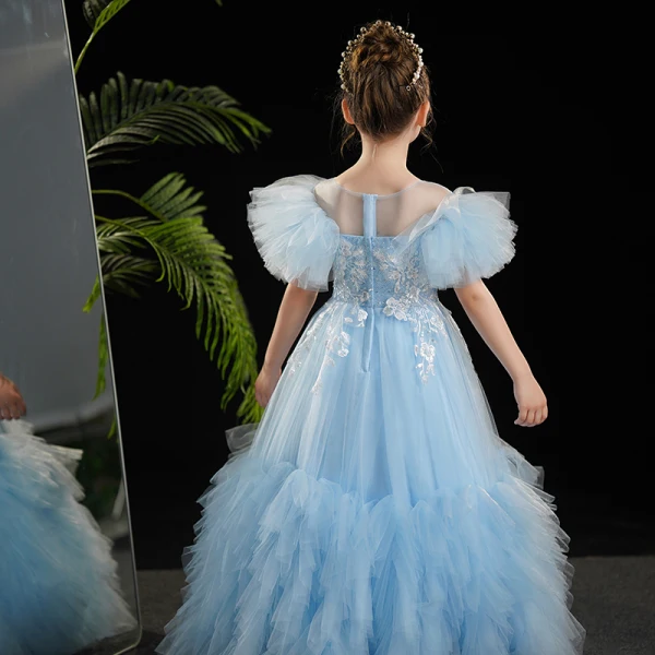 Fashion Sky Blue Sequins Lace Flower Ruffle Birthday Flower Girl Dresses 2024 Ball Gown Scoop Neck Short Sleeve Floor-Length / Long
