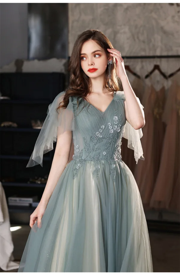 Chic / Beautiful Green Beading Sequins Prom Dresses 2022 A-Line / Princess V-Neck Short Sleeve Backless Floor-Length / Long Formal Dresses