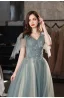 Chic / Beautiful Green Beading Sequins Prom Dresses 2022 A-Line / Princess V-Neck Short Sleeve Backless Floor-Length / Long Formal Dresses